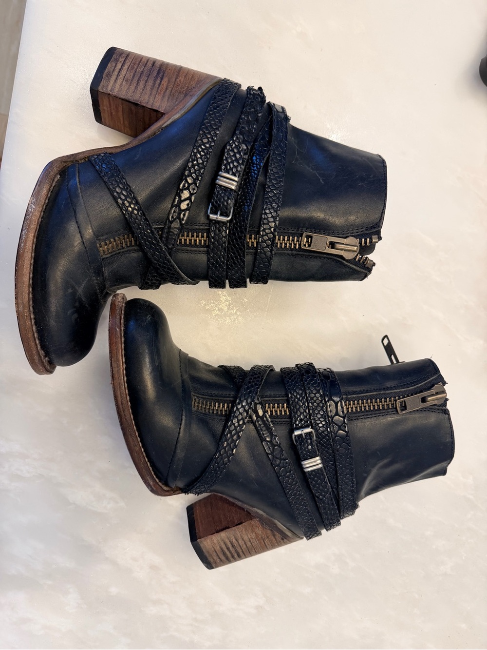 Freebird by Steven Black Leather Wrap-Strap Ankle Boots